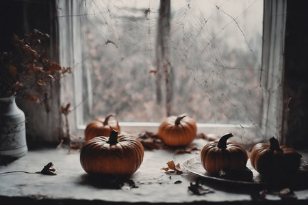decoration for halloween holiday, still life, a cup of hot latte and pumpkins on a windowsill, beautiful autumn landscape outside the window, rural, festive backgroundの素材