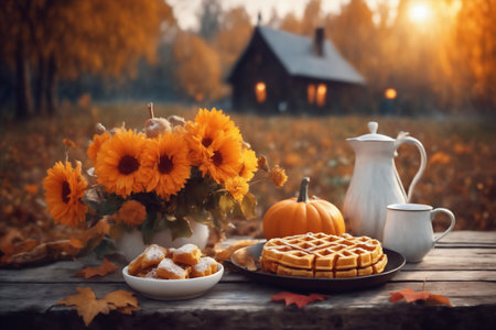 a cup of hot latte and waffers and pumpkins on an old wooden table in a garden, beautiful autumn nature at sunset as background, decoration for Halloween holidayの素材