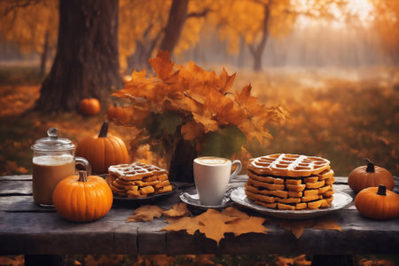 a cup of hot latte and waffers and pumpkins on an old wooden table in a garden, beautiful autumn nature at sunset as background, decoration for Halloween holidayの素材