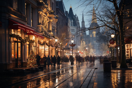 city street in winter, exteriors of houses decorated for Christmas or New Year's holiday, wet, street lights, festive environmentの素材