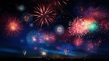 fireworks over night city sky, holiday background, bright colorful lightsの素材