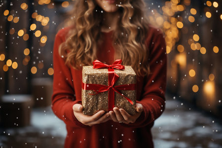 closeup of gift in girl hands, outdoor, evening street, festive lights, Christmas or New Year holidaysの素材