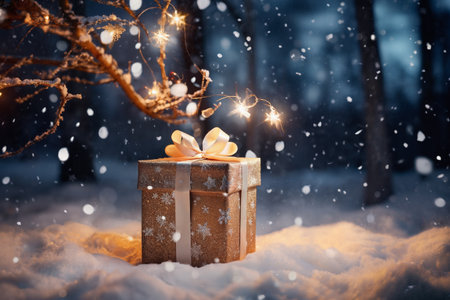 a gift box in winter forest, under fir tree branch covered by snow, decorated for Christmas or New Year's holiday, lights, a fairy-tale environmentの素材