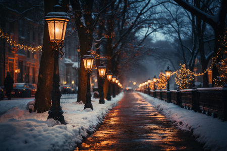 city street in winter, exteriors of houses decorated for Christmas or New Year's holiday, snow, street lights, festive environmentの素材