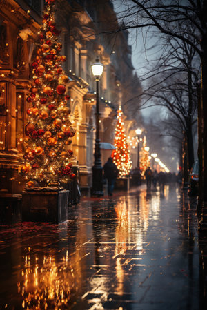 city street in winter, exteriors of houses decorated for Christmas or New Year's holiday, snow, street lights, festive environmentの素材