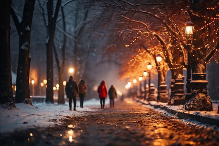 city street in winter, exteriors of houses decorated for Christmas or New Year's holiday, snow, street lights, festive environmentの素材