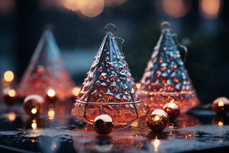 tiny glass gifts and decorations in the winter forest, decorated for Christmas or New Year's holiday, garlands, a fairy-tale environmentの素材