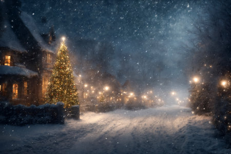 city street, houses are decorated with lights and Christmas trees in winter, New Year holiday, everything is covered with snow, cloudy sky at night, blizzardの素材