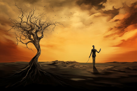 illustration of abstract world in style of surrealism, man travels through desert landscape with one treeの素材