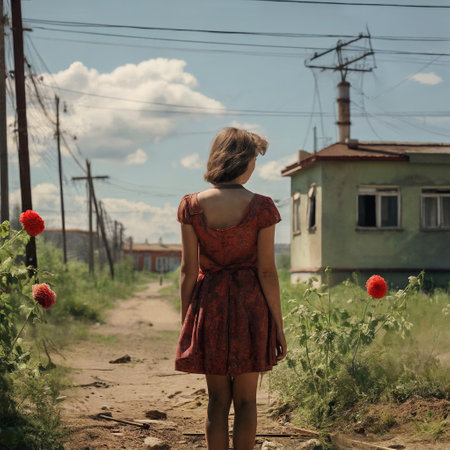 Portrait of a girl standing on a path near small house in suburbの素材