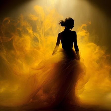Silhouette of a beautiful woman, standing back on abstract yellow blurred background with fogの素材
