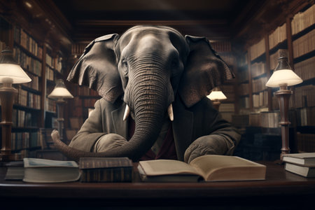 elephant sits at a table in the library and reads books, studies, looks like a professorの素材