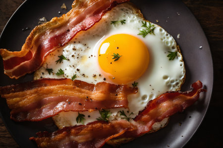fried eggs with bacon and herbs, delicious breakfast, still life on a dark backgroundの素材