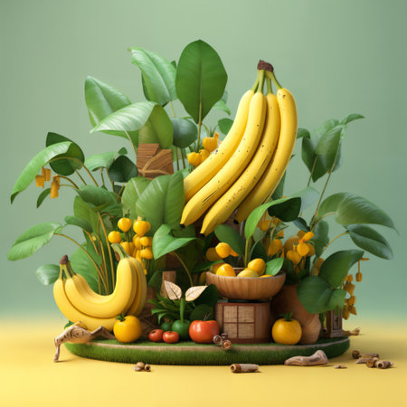 wooden cask full of bananas and other tropical fruits on a green backgroundの素材