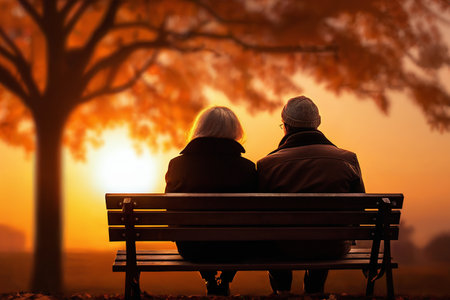 an elderly couple, a man and a woman, are sitting on a bench and enjoying the scenery, beautiful landscape at sunset, rear viewの素材