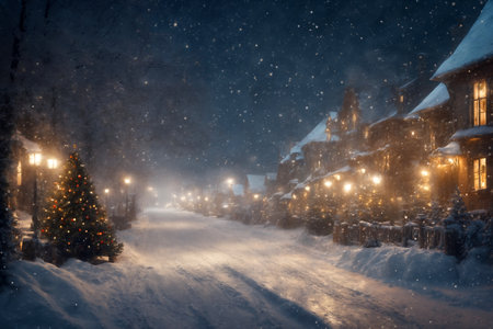 city street, houses are decorated with lights and Christmas trees in winter, New Year holiday, everything is covered with snow, cloudy sky at night, blizzardの素材