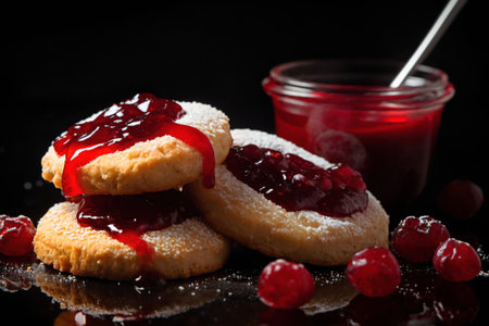 still life of cookies with jam on a wooden table, dark background, delicious pastriesの素材
