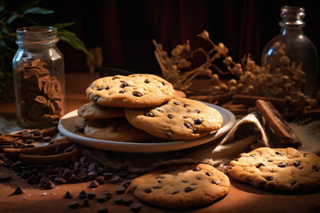 still life of cookies with chocolate on a wooden table, dark background, delicious pastriesの素材