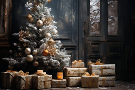 interior of house decorated for Christmas or New Year's holiday, gifts, fir tree, winter seasonの素材