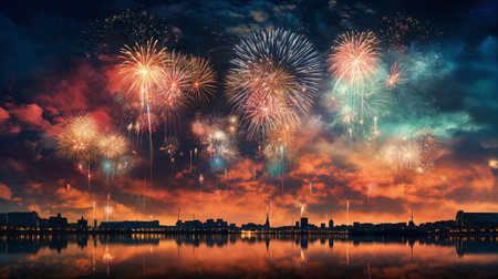 fireworks over night city sky, holiday background, bright colorful lightsの素材