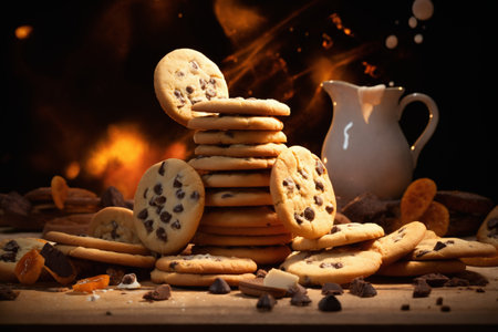 still life of cookies with chocolate on a wooden table, dark background, delicious pastriesの素材