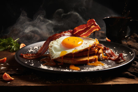 fried eggs with bacon and herbs, delicious breakfast, still life on a dark backgroundの素材