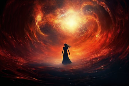 the silhouette of a woman in background of a vortex in space, standing on the surface of water, light effects, stars and galaxyの素材