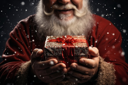 closeup of gift in Santa's hands, outdoor, evening street, festive lights, Christmas or New Year holidaysの素材