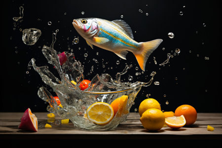 a goldfish jumps over berries and fruits with splashes of water on a dark background, delicious and beautiful foodの素材