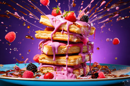 cake with fruits and cream on a pink background, delicious and sweet foodの素材