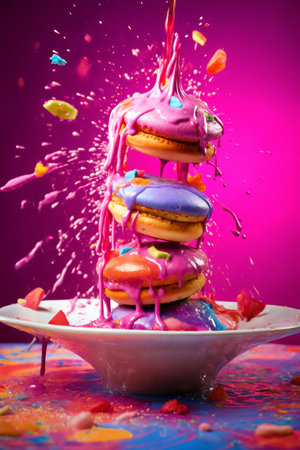 marshmallows and cookies with splashes of sauce or cream on a colored background, delicious and sweet foodの素材