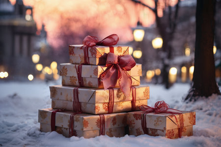 a lot of gifts in city street in winter, exteriors of the house are decorated for Christmas or New Year's holiday, street lights, a fairy-tale environmentの素材