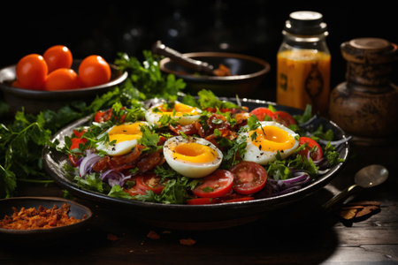 fried eggs with bacon and herbs and chopped vegetables, delicious breakfast, still life on a dark backgroundの素材