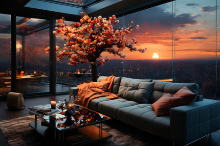 modern interior of a living room in an apartment, furniture, a table and sofa and pillows, a beautiful view outside the window of a modern metropolis with skyscrapers at sunsetの素材
