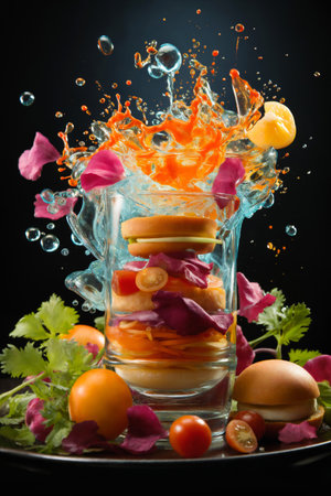 fruits and vegetables mix in water splashes, on dark background, fresh and healthy foodの素材