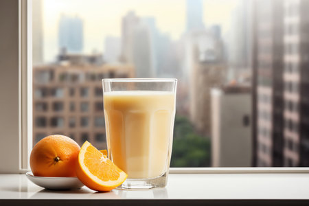 a glass of orange juice and sliced oranges on the windowsill, a beautiful view outside the window of a modern metropolis with skyscrapers, a bright sunny dayの素材