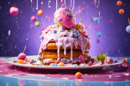 cake with fruits and cream on a colored background, delicious and sweet foodの素材