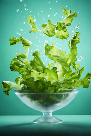 vegetables on a plate, salad, parsley and greens, on green background, fresh and healthy foodの素材