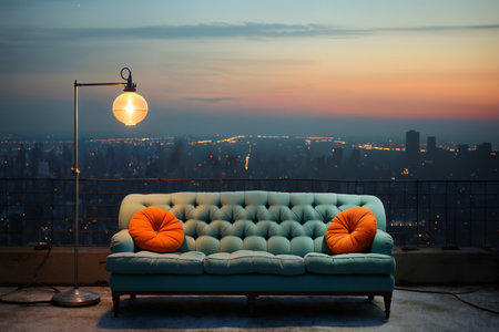 sofa on roof of high rise building, a bit of mess, view of modern metropolis with skyscrapers at sunsetの素材