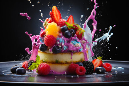 cake with fruits and cream on a pink background, delicious and sweet foodの素材