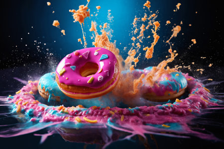 donuts with glaze and splashes of sauce or cream on a dark blue background, delicious and sweet foodの素材