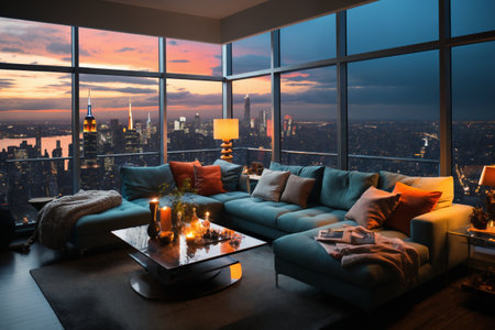 modern interior of a living room in an apartment, furniture, a table and sofa and pillows, a beautiful view outside the window of a modern metropolis with skyscrapers at sunsetの素材