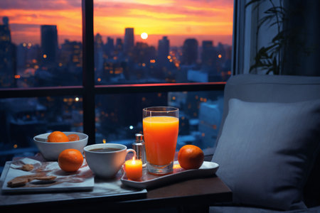 glass of orange juice and sliced oranges on table in the room, modern interior with sofa and pillows, beautiful view outside window of modern metropolis with skyscrapersの素材