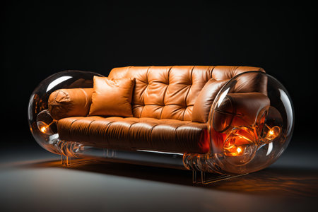 a glossy sofa, indoor, in front of empty dark backgroundの素材