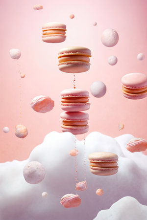 marshmallows and cookies with splashes of sauce or cream on a colored background, delicious and sweet foodの素材