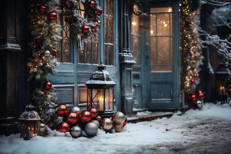 exteriors of the house are decorated for Christmas or New Year's holiday, city street in winter, snow, gifts on the porch, and street lights, a fairy-tale environmentの素材
