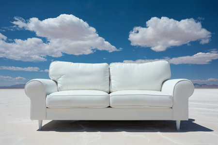 a white sofa on a blue sky background with cloudsの素材