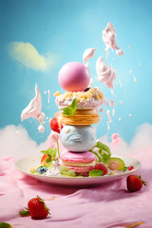 marshmallows and cookies with fruits and splashes of sauce or cream on a colored background, delicious and sweet foodの素材