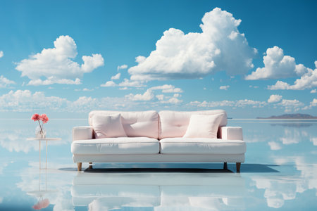 a white sofa on a blue sky background with cloudsの素材