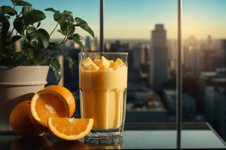 a glass of orange juice and sliced oranges on the windowsill, a beautiful view outside the window of a modern metropolis with skyscrapers at sunsetの素材
